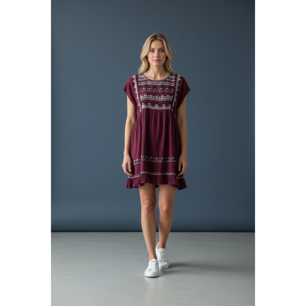 Free People Embroidered Ruffle Hem Mini Dress Burgundy Size SP